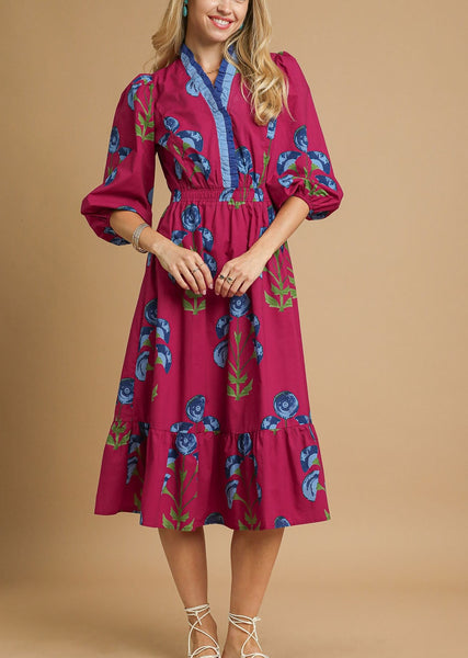 Floral Midi Dress with Ruffle Trim and Elastic Waist
