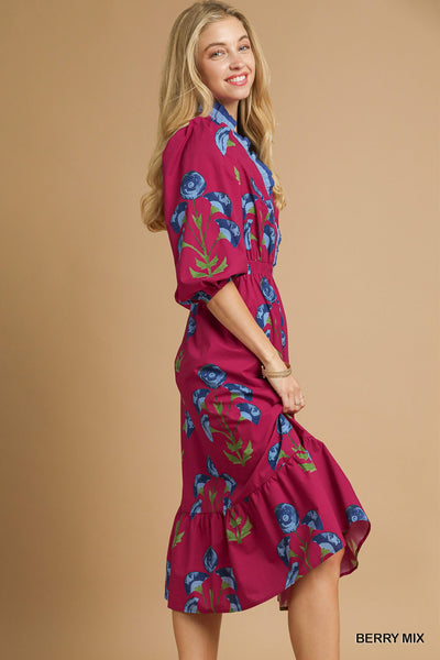 Floral Midi Dress with Ruffle Trim and Elastic Waist