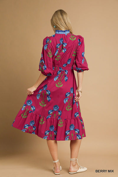 Floral Midi Dress with Ruffle Trim and Elastic Waist