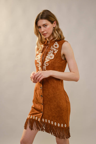 99655D Embroidered Suede Fringe Dress: BROWN / S-M-L (2-2-2)