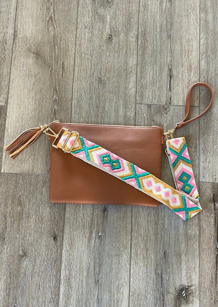 Camel Crossbody Bag with Colorful Strap