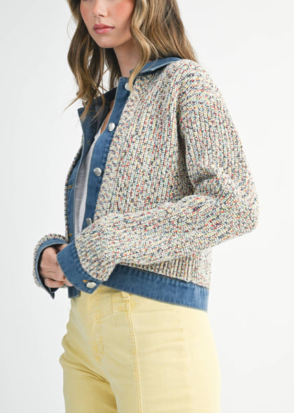 Multicolor Knit Button-Up Jacket with Denim Trim