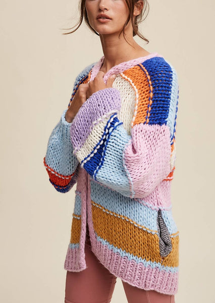 Hand Knit Multi Striped Cardigan Sweater