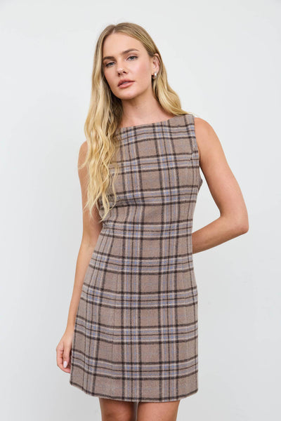 PLAID FLANNEL SLEEVELESS MINI DRESS-BACKORDER: MOCHA MULTI