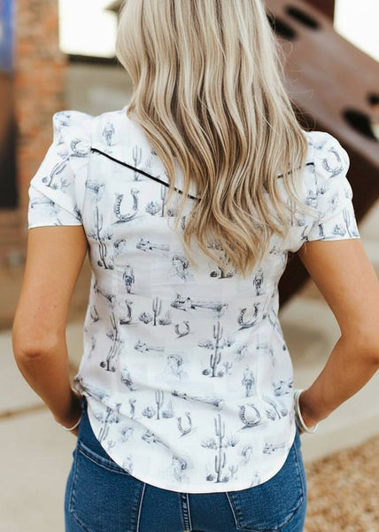 Pearl Snap Western Puff Sleeve Top