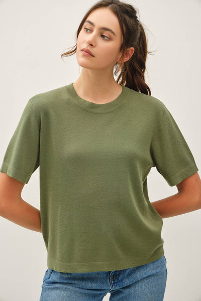 CASHMERE BLENDED SHORT SLEEVE SWEATER  : SLATE BLUE / S