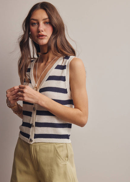 Striped Button-Front Knit Vest Top