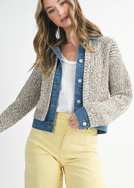 Multicolor Knit Button-Up Jacket with Denim Trim