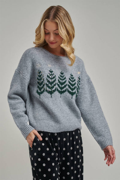 COZY CHRISTMAS TREE HOLIDAY SWEATER TOP_JLT00375-01: GREY / S-M-L(2-2-2)