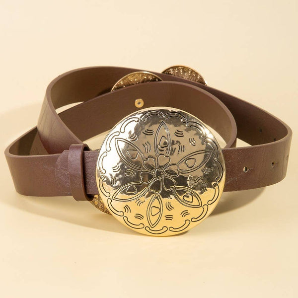 Large Circle Concho Disc Leather Belt in Gold and Brown