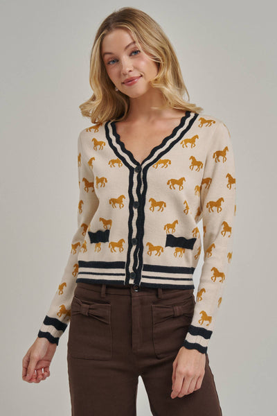 SUPER SOFT HORSE PRINT KNIT CARDIGAN_JLT00386-01: TAUPE COMBO / S-M-L(2-2-2)