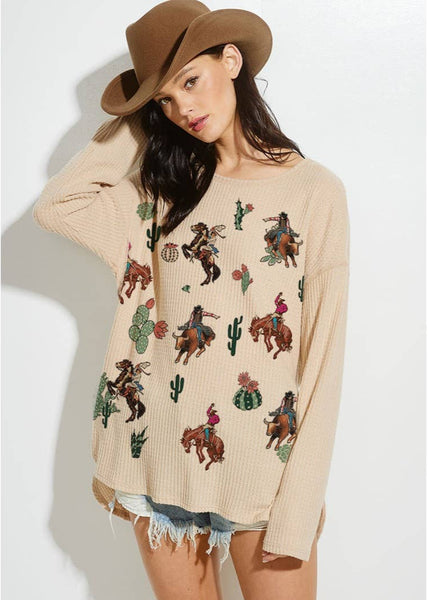 Cowboy Print Waffle Texture Long Sleeve Top