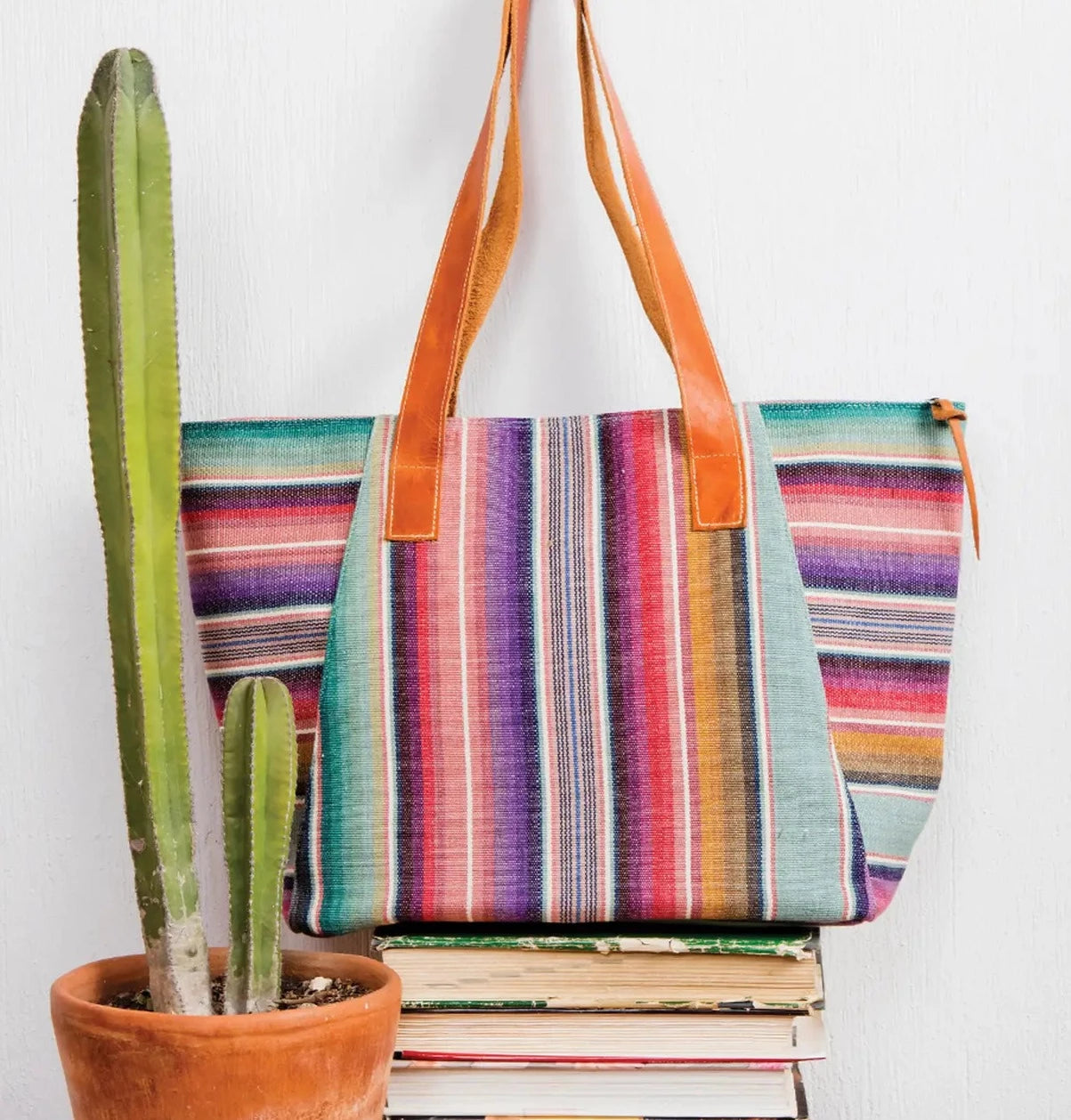 Softly Striped Tote with Leather Straps