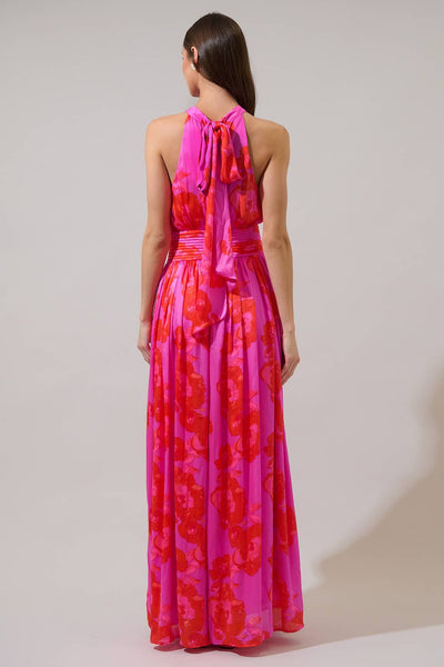 Lailah Floral Halter Maxi Dress in Magenta with Red Flowers
