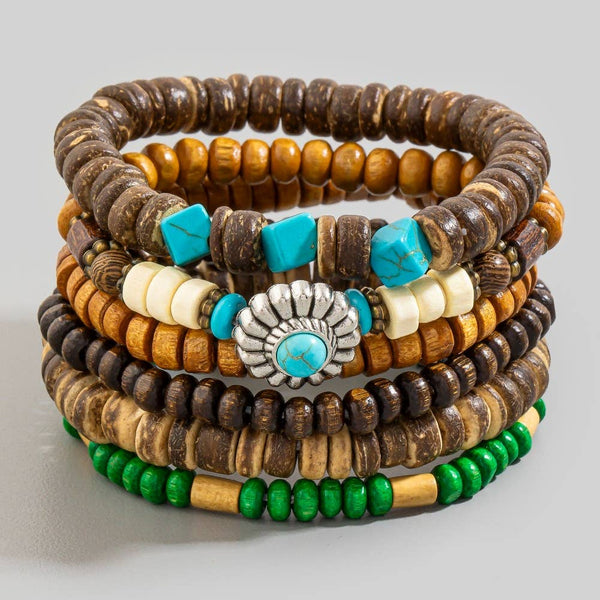 Western Wooden Beads Stackable Bracelet Set