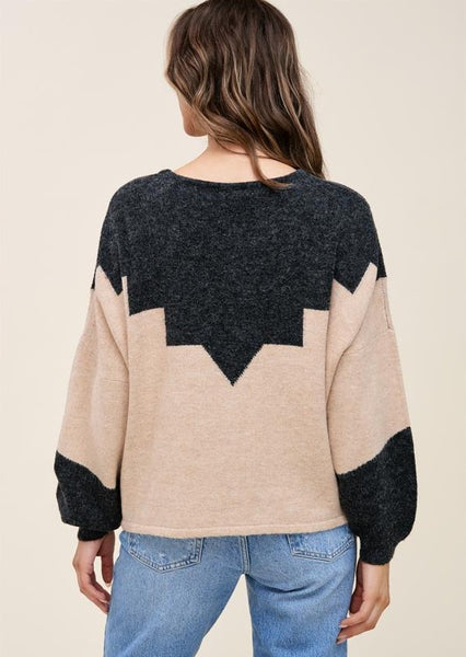 Geo Color Block Boatneck Sweater