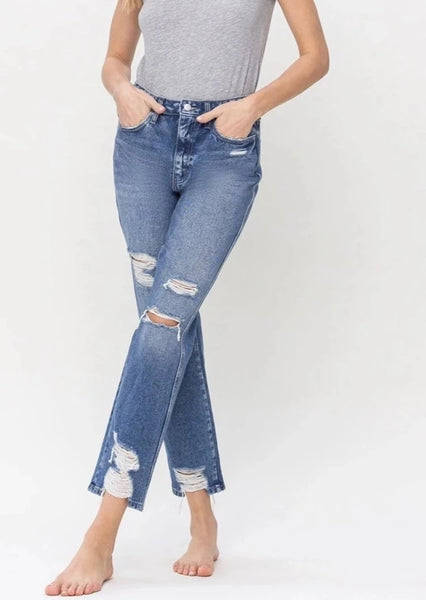Ultra High Rise Straight Leg Distressed Jeans