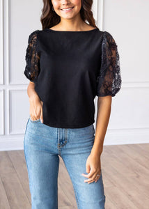 Midnight Blossom Black Sequins Floral Puff Sleeve