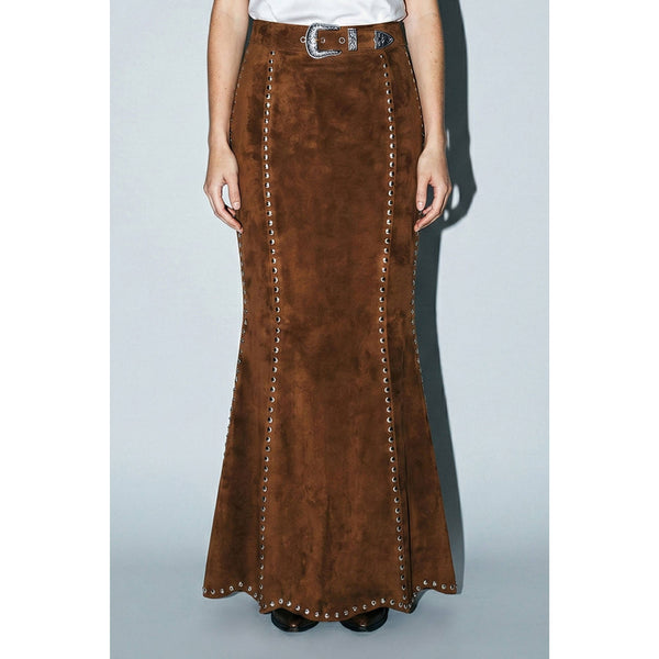 Suede Studded Maxi Skirt: BROWN / M