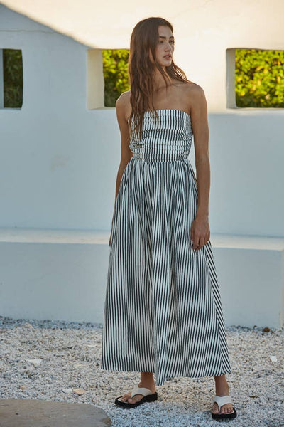 L6998 | Striped Tube Neck Strapless Flare Maxi Dress: Dusty Blue / M