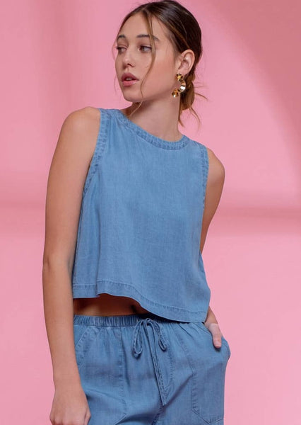 Button up Back Sleeveless Chambray Top