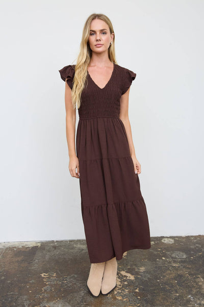 Chocolate Smocked Midi dress with Flutter Sleeves