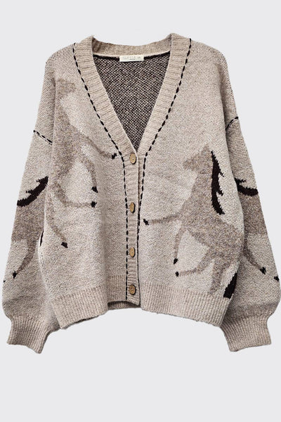 IM8672-Fall Top Rated Knit Horse Cozy Cardigan: S/M / Brown