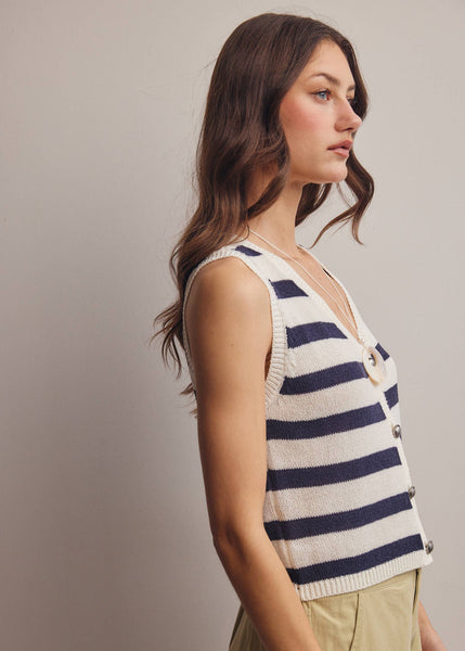 Striped Button-Front Knit Vest Top