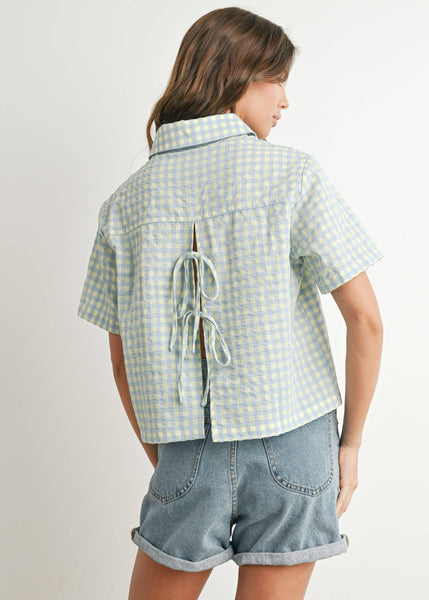 Gingham Checkered Open Tie-Back Cropped Top