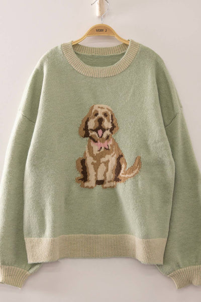 12W3674N-Cute Dog Intarsia Knit Sweater: IVORY / S-M-L/2-2-2