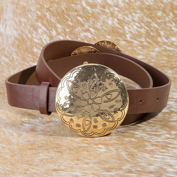 Large Circle Concho Disc Leather Belt in Gold and Brown