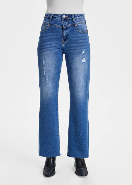Stretch High Rise Straight Jeans with Raw Hem