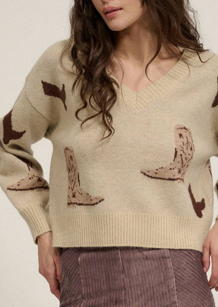 Cowboy Boot V Neck Rib Knit Sweater in