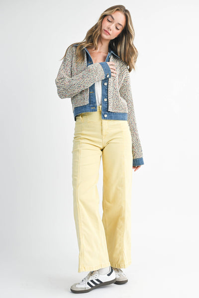 Multicolor Knit Button-Up Jacket with Denim Trim