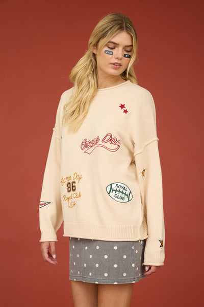 GAME DAY EMBROIDERED CREW NECK KNIT SWEATER: OATMEAL