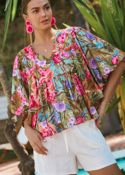 Garden Party Printed Blouse With Wide Bubble Sleeve