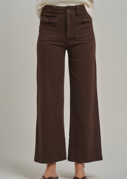 Chocolate Wide Leg Stretch Pants with Bow Detail Pockets