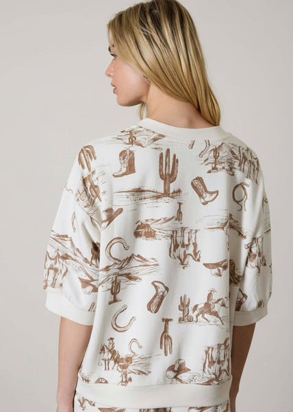 Western Print Drop Shoulder Short Sleeve Top