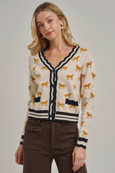 SUPER SOFT HORSE PRINT KNIT CARDIGAN_JLT00386-01: TAUPE COMBO / S-M-L(2-2-2)