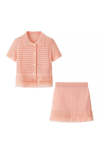Fringe-Trimmed Skirt Set with Button Top: BLACK / L