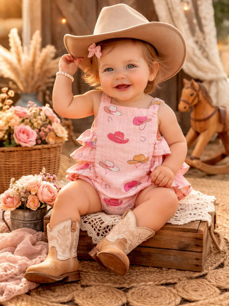 Western Pink Muslin Ruffle Sunsuit: 6-12M