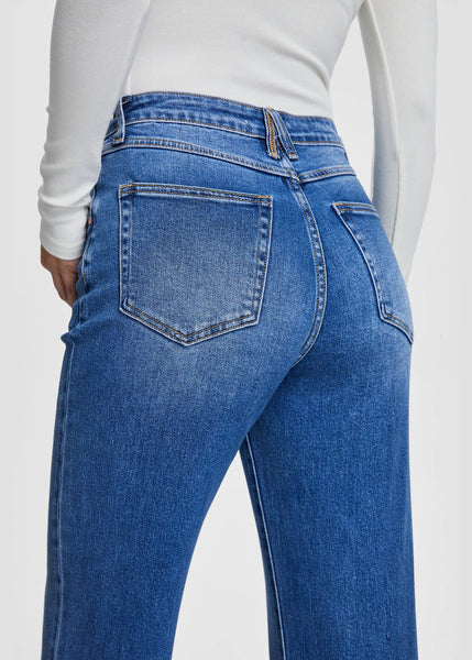 Stretch High Rise Straight Jeans with Raw Hem