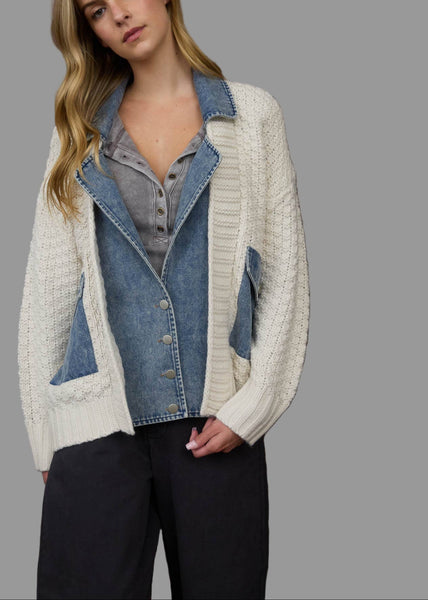 Mixed Media Cable Knit Denim Trim Jacket
