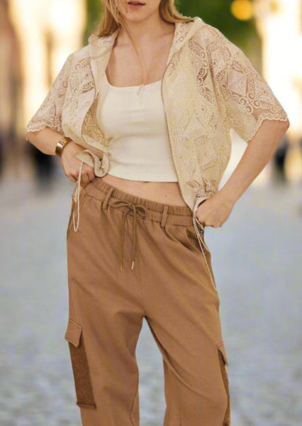 Zip Up Crocheted Laced Short Sleeve Top with Hood ~FINAL SALE