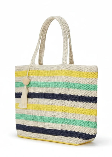 Pom Pom Tassel Multi Color Striped Tote Bag