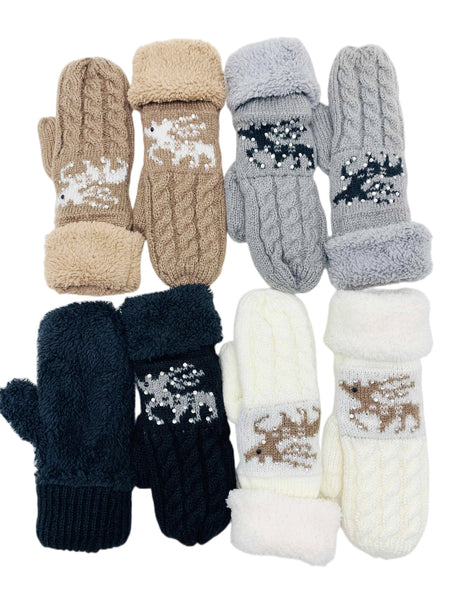 JCG206113 Reversible Reindeer & Sherpa Fleece Mittens: Prepacked 12 pairs-Black 4 White 3 Grey 3 Brown 2