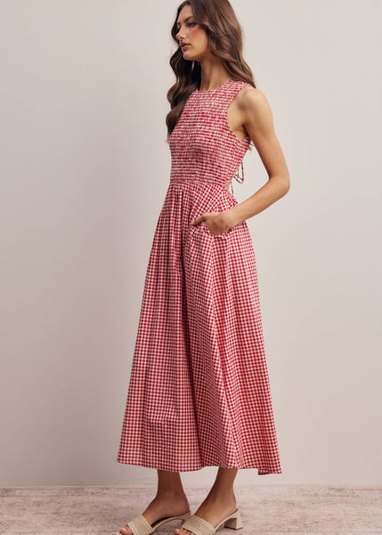 Red and White Open-Back Gingham Maxi Dress