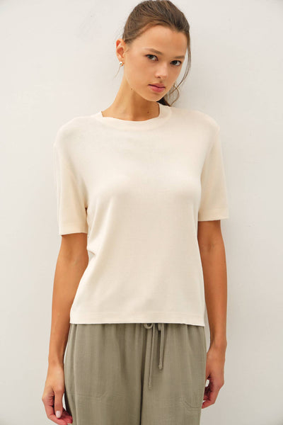 CASHMERE BLENDED SHORT SLEEVE SWEATER  : SLATE BLUE / L
