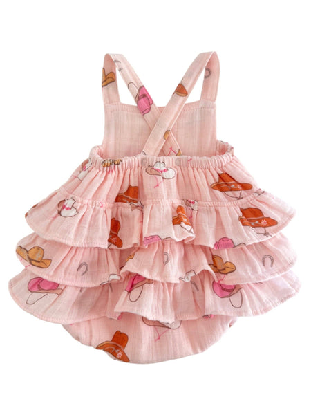 Western Pink Muslin Ruffle Sunsuit: 6-12M