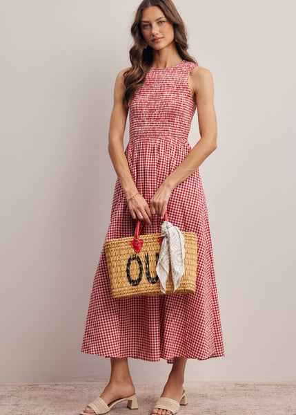 Red and White Open-Back Gingham Maxi Dress